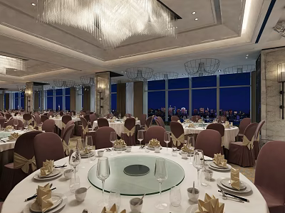 Elegant Banquet Hall Interior With Round Dining Tables Chandeliers And City Night View 3d model