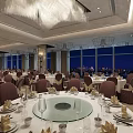 Elegant Banquet Hall Interior With Round Dining Tables Chandeliers And City Night View