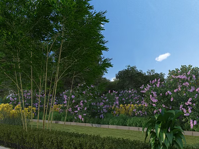 Lush Garden Landscape With Green Trees Purple Flowers Yellow Blossoms And Neat Lawn 3d model