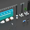 Exhibition Booth Setup With Stage Backdrop Tables Chairs And Signage Elements 3d model