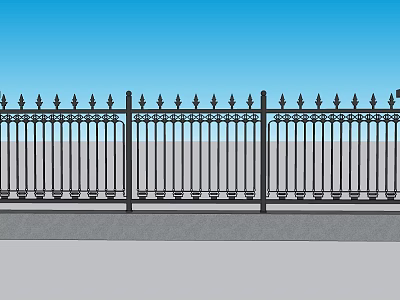 Ornate Black Iron Fence With Pointed Tops Against Blue Sky And Gray Pavement 3d model