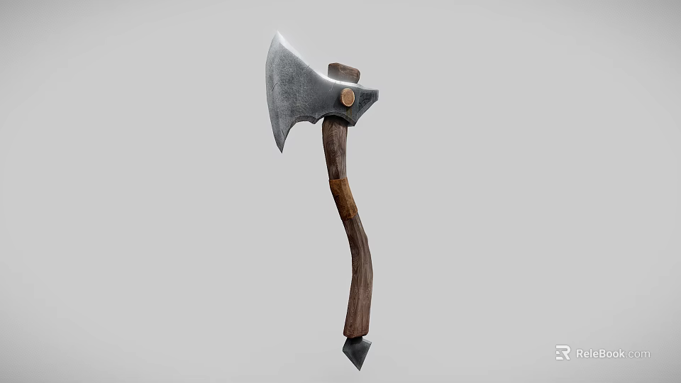 Tool Axe With Shiny Metal Head Dark Curved Wooden Handle And Metal Tip 3d model 