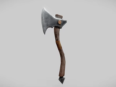 Tool Axe With Shiny Metal Head Dark Curved Wooden Handle And Metal Tip 3d model
