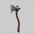 Tool Axe With Shiny Metal Head Dark Curved Wooden Handle And Metal Tip