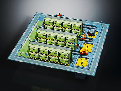 Logistics Center Model With Green Storage Containers Red Machinery And Yellow Loading Zones 3d model
