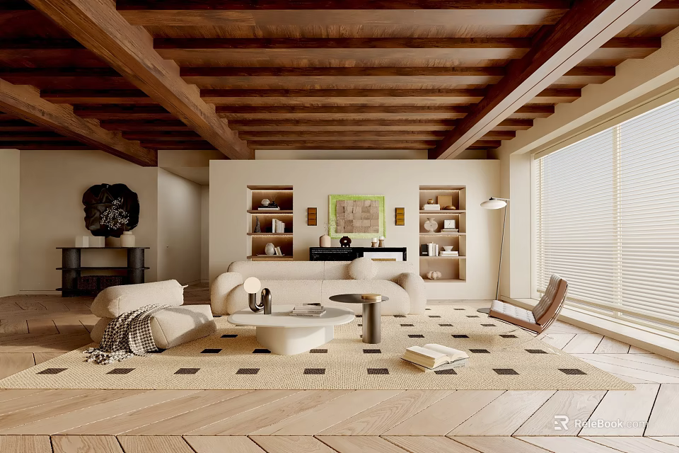 Modern Living Room With Wooden Ceiling Beams Sofa Area Rug And Built In Bookshelves 3d model 
