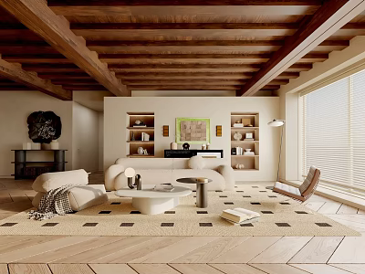 Modern Living Room With Wooden Ceiling Beams Sofa Area Rug And Built In Bookshelves 3d model