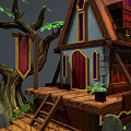 Cartoon Treehouse Scene With Wooden Structure Big Trees Stone Stairs And Green Plants