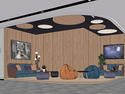 Modern Lounge Area With Wooden Walls Round Ceiling Lights Blue Sofas TV And Orange Bean Bag 3d model