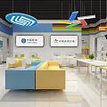 China Telecom Digital Store Interior With Blue Yellow Sofas White Counters And Displays 3d model