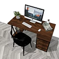 Wooden Office Desk With Computer Monitor Green Plant Books Pen Holder Keyboard And Mouse