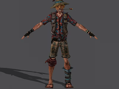 Game Movie Character With Straw Hat Feather Plaid Shorts Leg Bandages And Outstretched Arms 3d model
