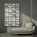 Modern Interior Decor With Grid Framed Green Plants On Gray Wall And Light Gray Sofa