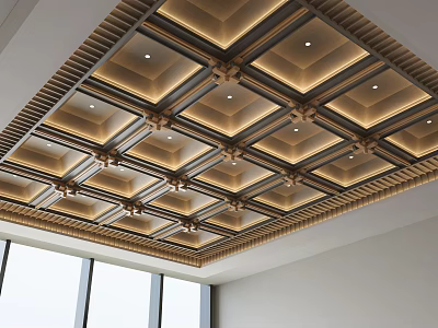 Elegant Layered Ceiling Design With Geometric Square Panels And Recessed Lights 3d model