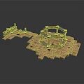 Architectural Model of Historical Building with Octagonal Structure and Wooden Components on Scattered Platform Base