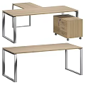 Modern Home Office Desk With Wooden Top Metal Frame And Mobile Drawer Cabinet