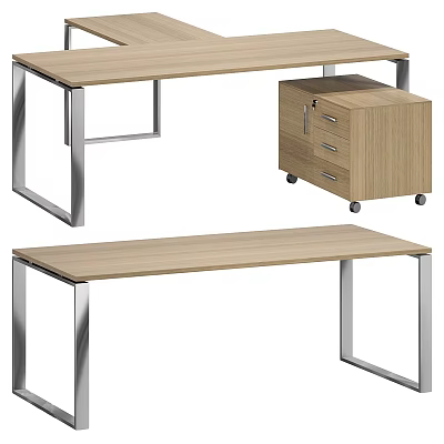 Modern Home Office Desk With Wooden Top Metal Frame And Mobile Drawer Cabinet 3d model