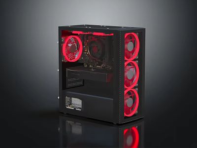 Sleek Black Gaming PC Case With Transparent Side Panel And Red Cooling Fans 3d model