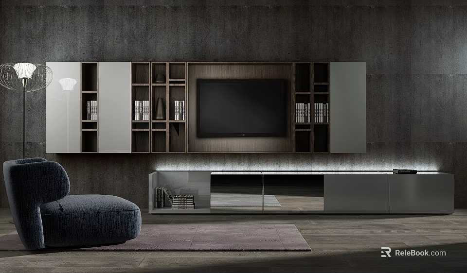 Modern Living Room TV Stand With Gray Cabinets Open Shelves And Mounted TV 3d model 