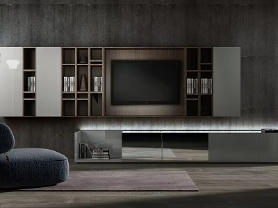Modern Living Room TV Stand With Gray Cabinets Open Shelves And Mounted TV 3d model