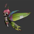 Cute Fantasy Fairy Creature With Pink Hair Flower On Head Colorful Wings Green Pink Body