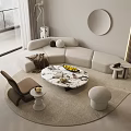 Elegant Modern Curved Sofa and Round Marble Coffee Table Set With Area Rug 3d model