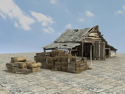 Old Wooden House With Hay Bales Crates Stone Paved Ground And Blue Sky Clouds 3d model