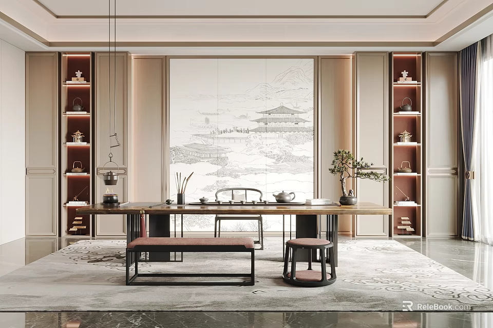 Traditional Chinese Tea Room Interior With Long Table Chairs Display Shelves And Potted Plant 3d model 