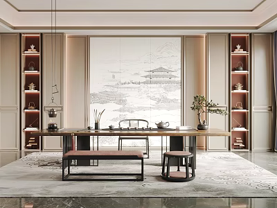 Traditional Chinese Tea Room Interior With Long Table Chairs Display Shelves And Potted Plant 3d model