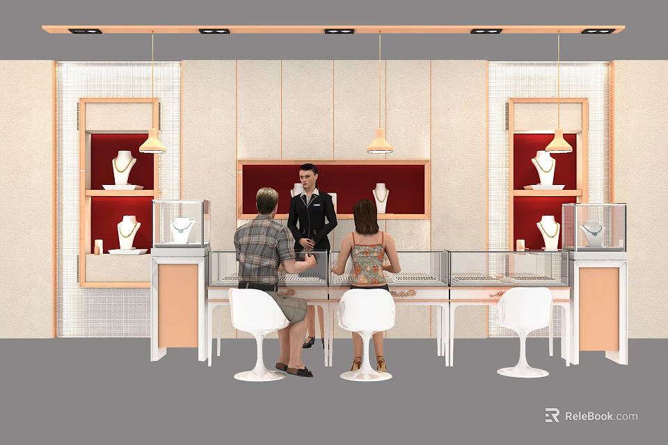 Jewelry Display Shelves With Lighting Shop Assistant And Customers In Modern Store 3d model 