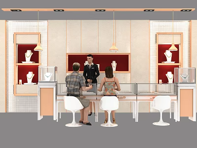 Jewelry Display Shelves With Lighting Shop Assistant And Customers In Modern Store 3d model