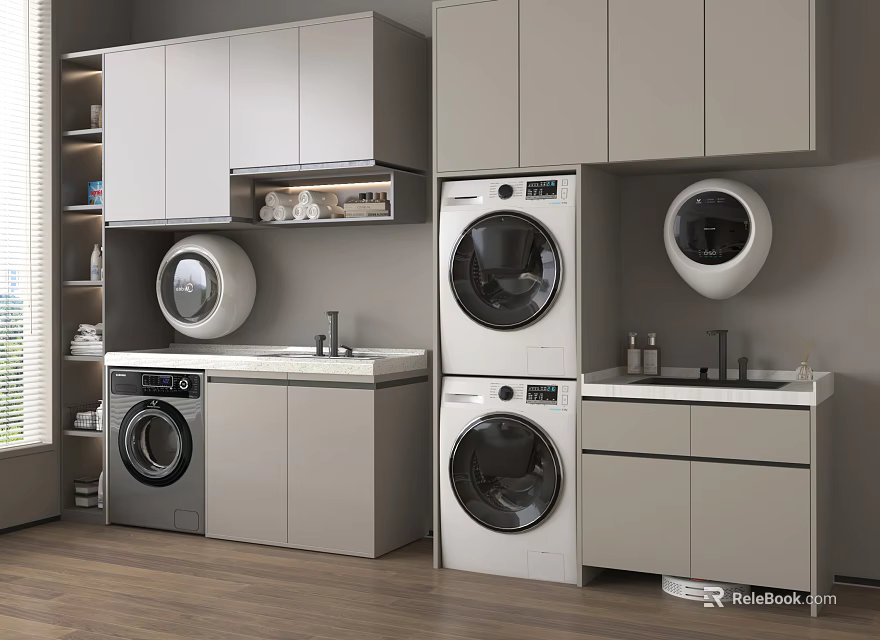 Washing Machines In Modern Laundry Room With Dryer Cabinets Countertop And Sink 3d model 