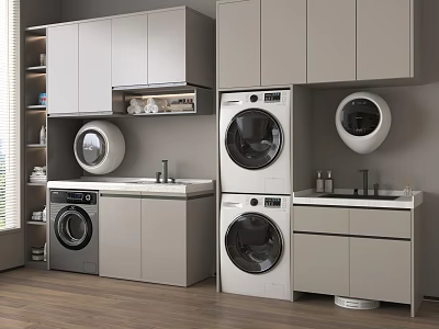 Washing Machines In Modern Laundry Room With Dryer Cabinets Countertop And Sink 3d model