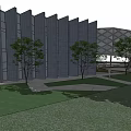 Modern Geometric Architectural Building With Glass Metal Facade Greenery And Water Pool