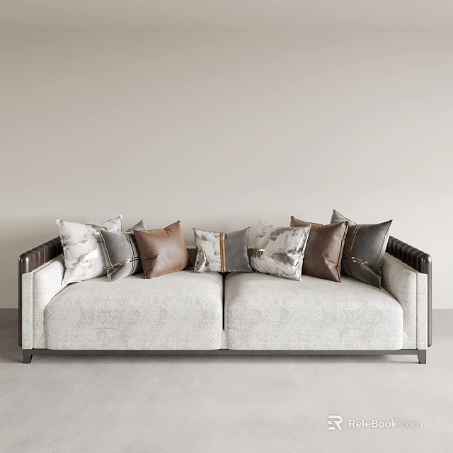 Light Gray Sectional Sofa With Multiple Decorative Pillows In Brown And Gray Tones 3d model