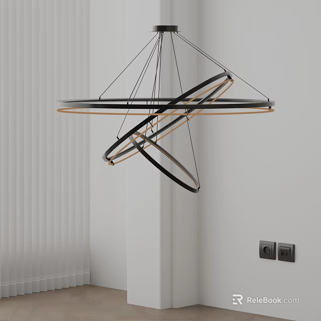 Modern Hanging Multi Ring Black Gold Metal Chandelier For Contemporary Interior Spaces 3d model 