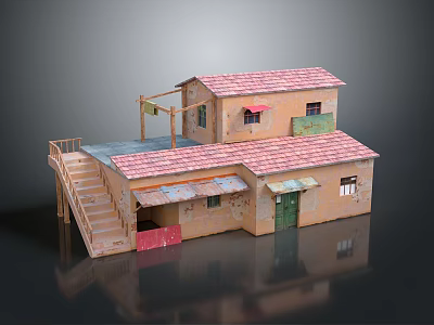 Two Story Model Building With Red Tiled Roof Staircase Colorful Doors Windows And Balcony 3d model