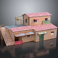 Two Story Model Building With Red Tiled Roof Staircase Colorful Doors Windows And Balcony