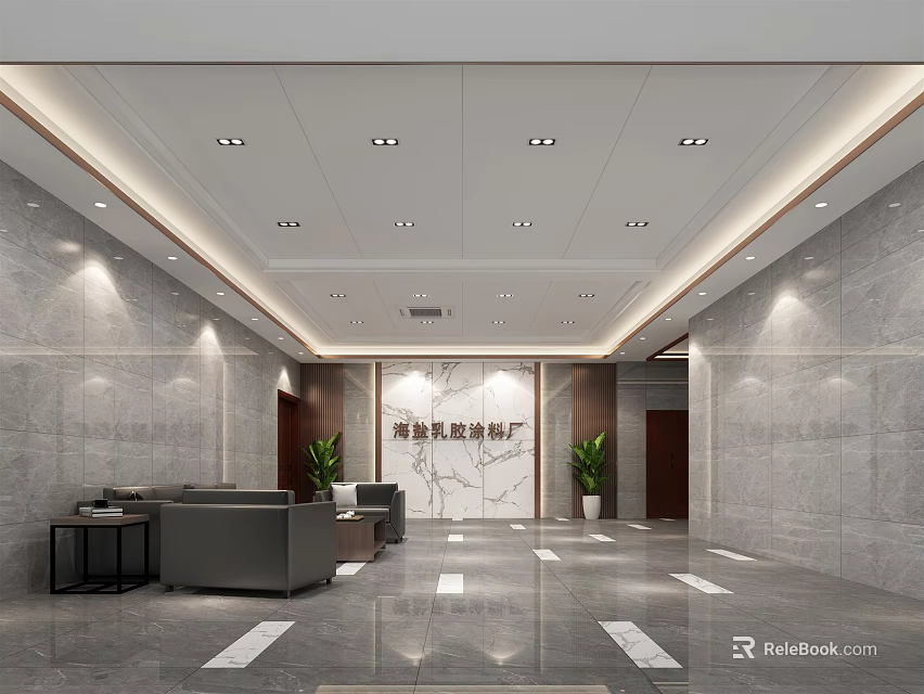 Modern Reception Area With Marble Wall Front Desk Sofa Seating And Green Plants 3d model