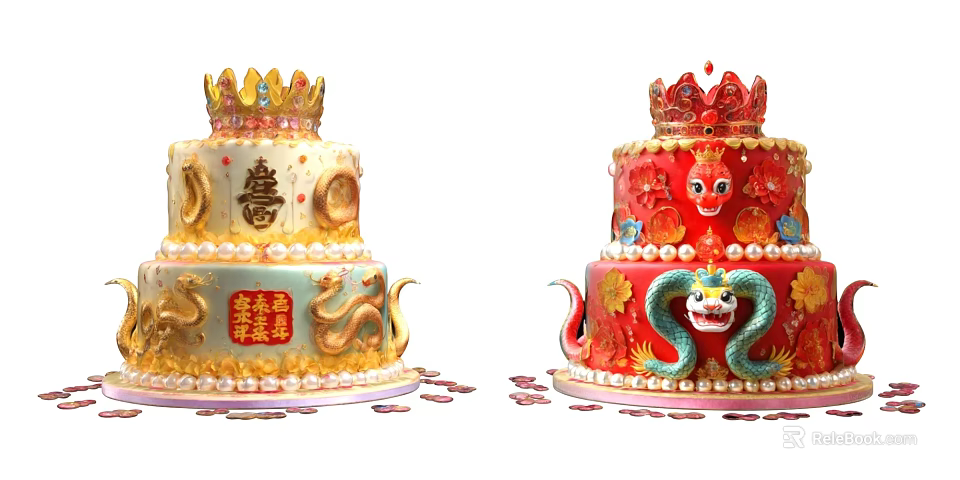 Traditional Chinese Wedding Cakes with Golden Crowns Red Dragon Decorations and Double Happiness Symbols 3d model 