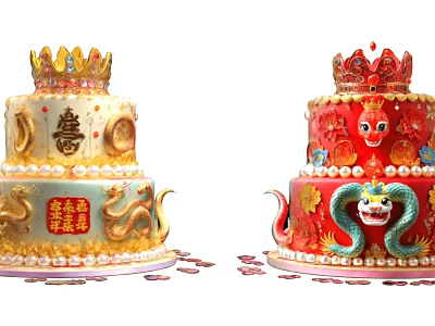 Traditional Chinese Wedding Cakes with Golden Crowns Red Dragon Decorations and Double Happiness Symbols 3d model