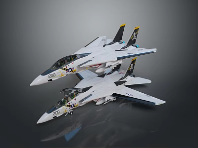 Two White Fighter Jet Models With Black Yellow Tails And Number Markings On Gray Surface 3d model