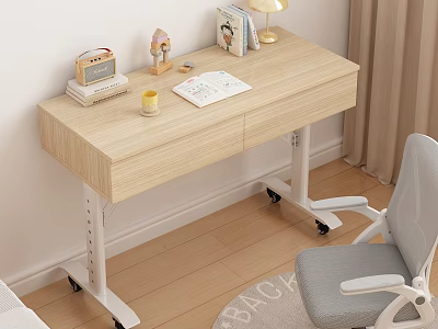 Light Wood Kids Desk with Height Adjustable Legs Drawers and Grey Rolling Chair 3d model