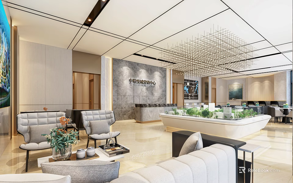 Modern Sales Office Interior With Spacious Open Layout Sofas Green Plants And Hanging Lights 3d model 