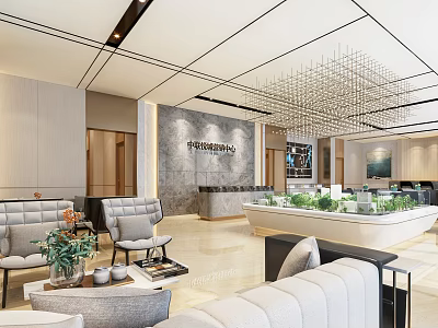 Modern Sales Office Interior With Spacious Open Layout Sofas Green Plants And Hanging Lights 3d model