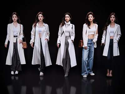 Women wearing white coats with different bottoms against black background in fashion shoot 3d model