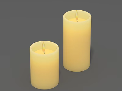 Two Cylindrical Cream Colored Lit Candle Lamps On Grey Background 3d model