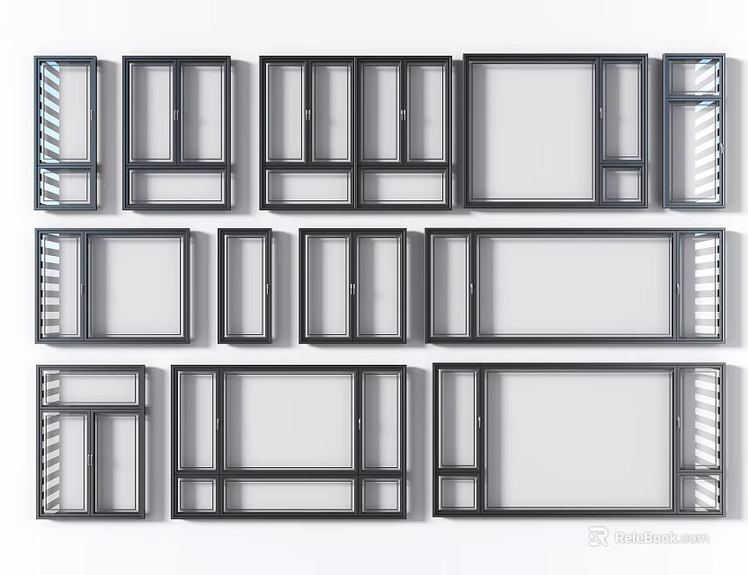 Casement Windows With Various Modern Designs And Black Frames Glass Panels 3d model 