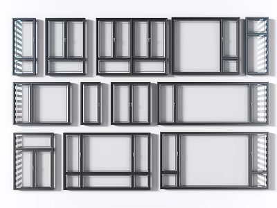 Casement Windows With Various Modern Designs And Black Frames Glass Panels 3d model