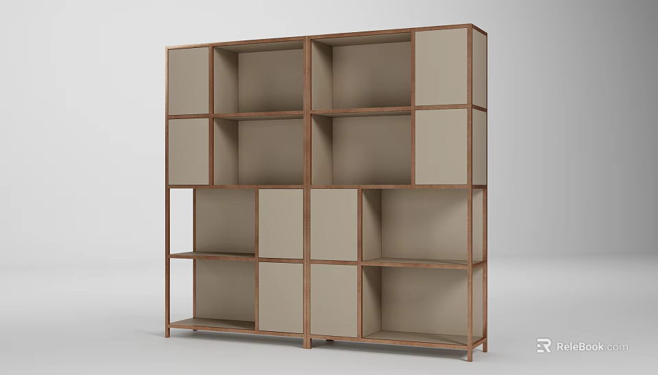 Modern Bookshelf With Multiple Open Compartments Wooden Frame And Neutral Panels 3d model